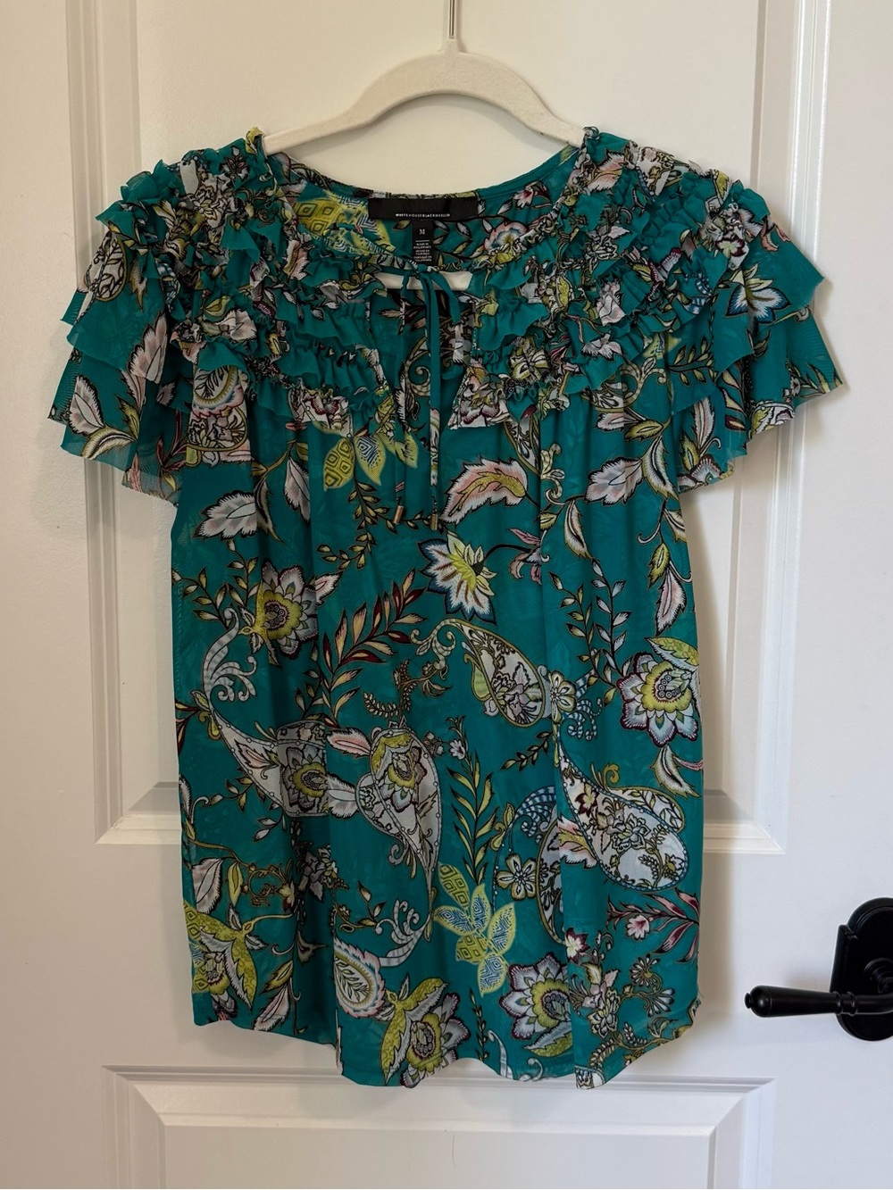 White House Black Market Women’s Teal Floral Ruffle Neck Blouse